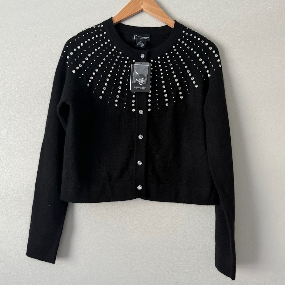 C by Bloomingdale's Cashmere Black Cardigan Pearls Diamond Embellishments NWT